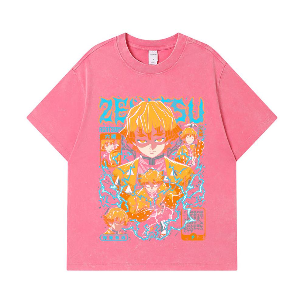 275 GSM Washed T-shirts 100% Cotton Demon Slayer V100 Zenitsu Print Unisex Heavy Cotton T Shirt