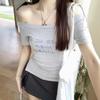 Pure Desire Style Letter Print Short-sleeved T-shirt Women's Summer Thin and Versatile Sexy Chic Slanted Shoulder Off-the-shoulder Top
