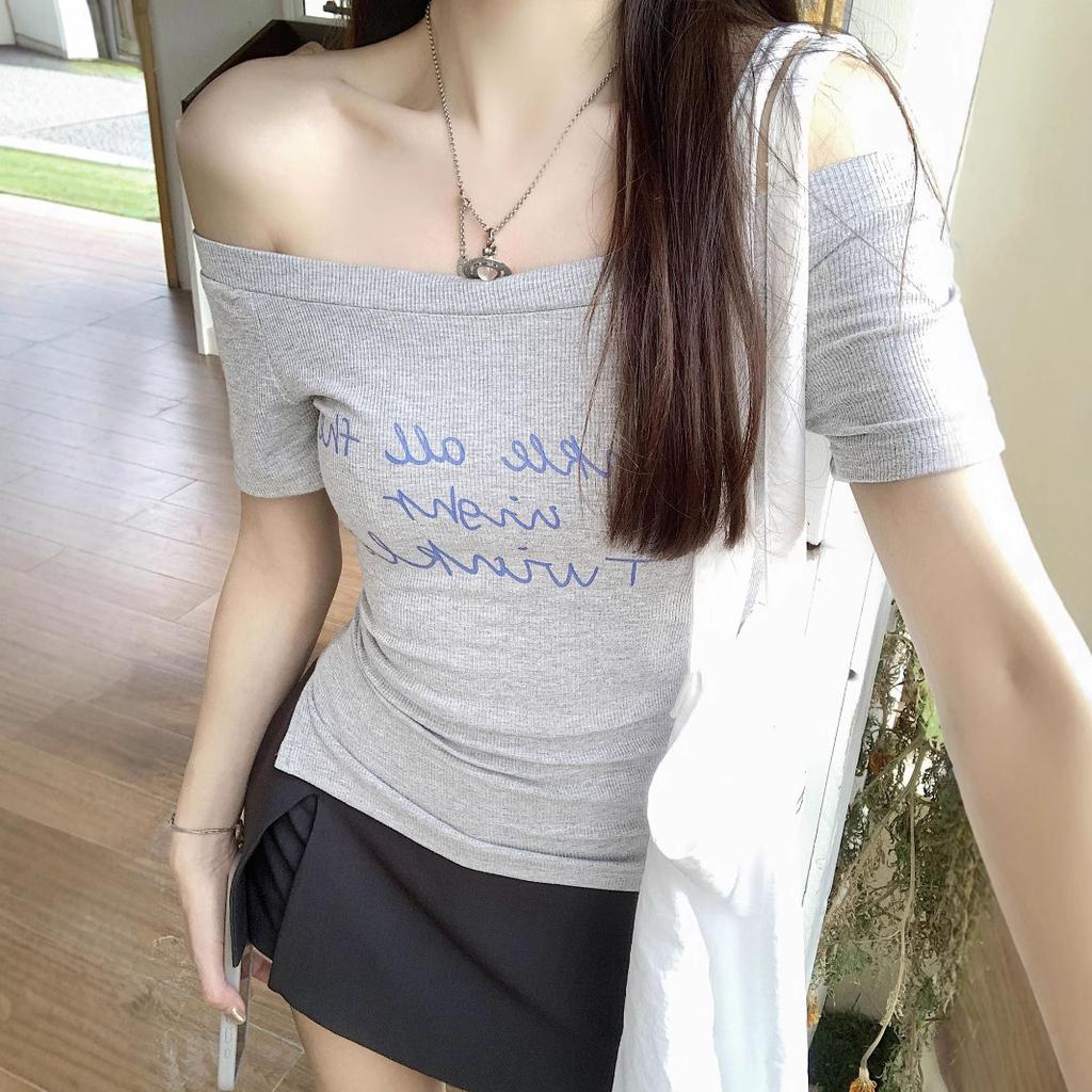 Pure Desire Style Letter Print Short-sleeved T-shirt Women's Summer Thin and Versatile Sexy Chic Slanted Shoulder Off-the-shoulder Top