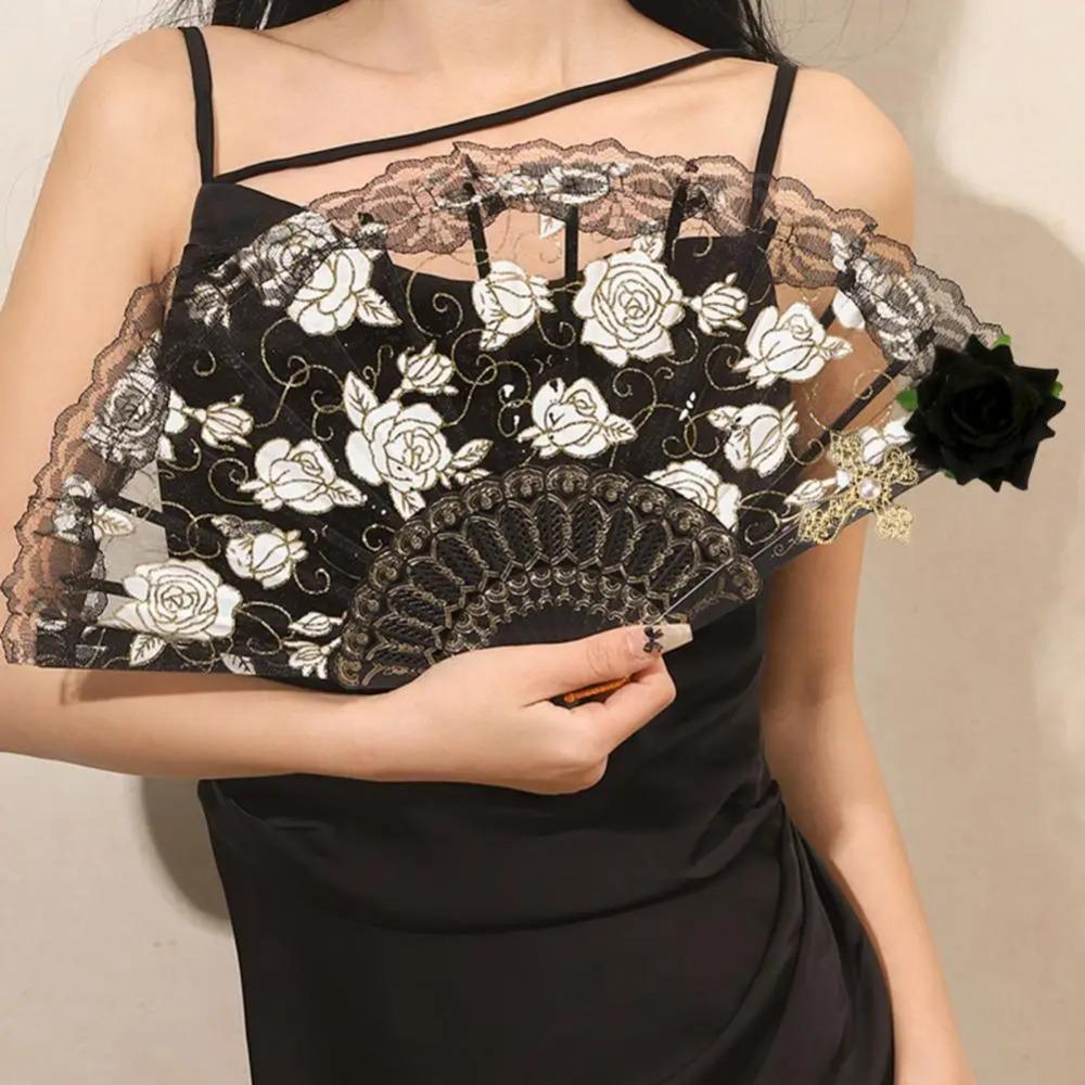 Retro Cosplay Hand Fans Handmade Show Dance Fans Rose Lace Folding Fan Wedding Party Decoration