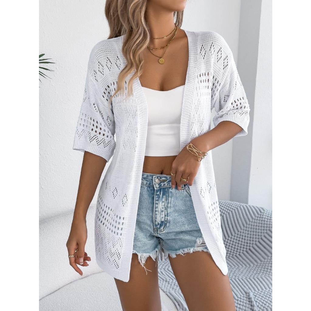 HNXC Spring and Summer Casual Solid Color Cut-out Mid-sleeved Knitted Sweater Vacation Cardigan Women's Wear