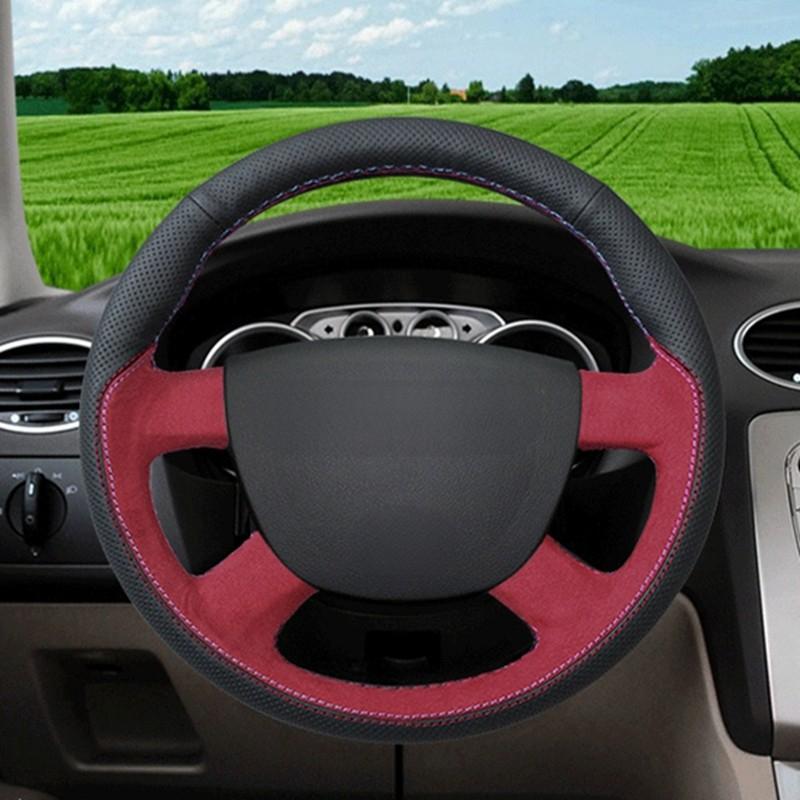 GNUPME DIY Customized Name Hand-Stitched Black Genuine Leather Car Steering Wheel Cover for Ford Focus Kuga Mondeo Edge