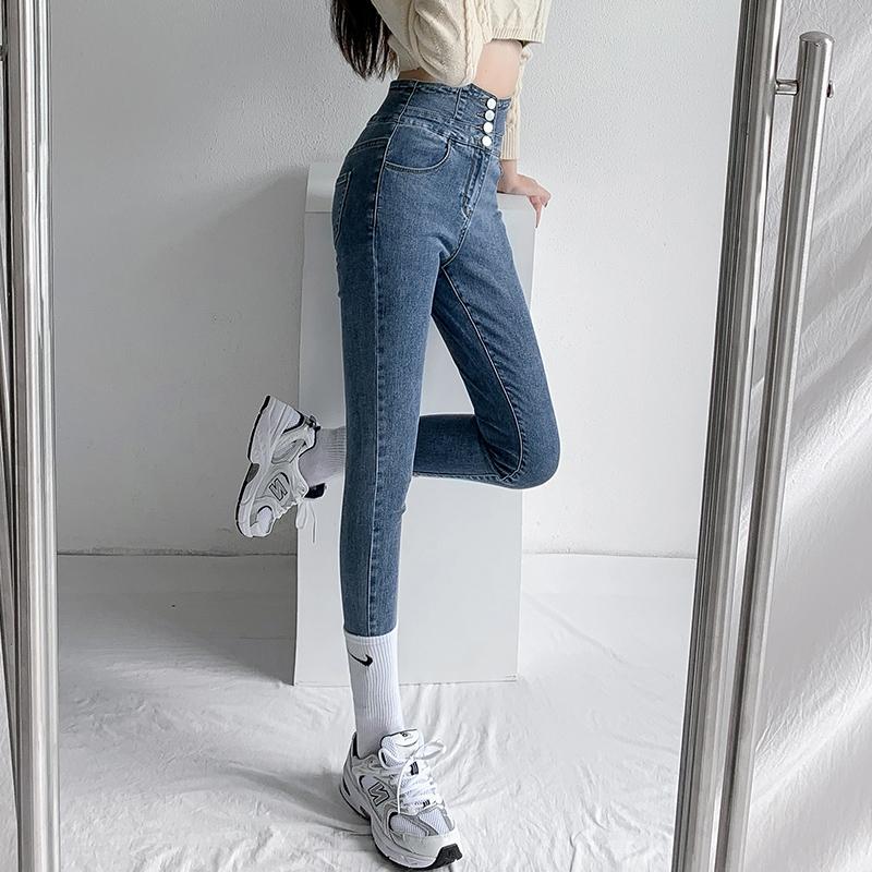 Jeans skinny a matita Quattro bottoni Pantaloni vintage da donna a vita alta slim in denim elasticizzato Pantaloni attillati Pantaloni da donna