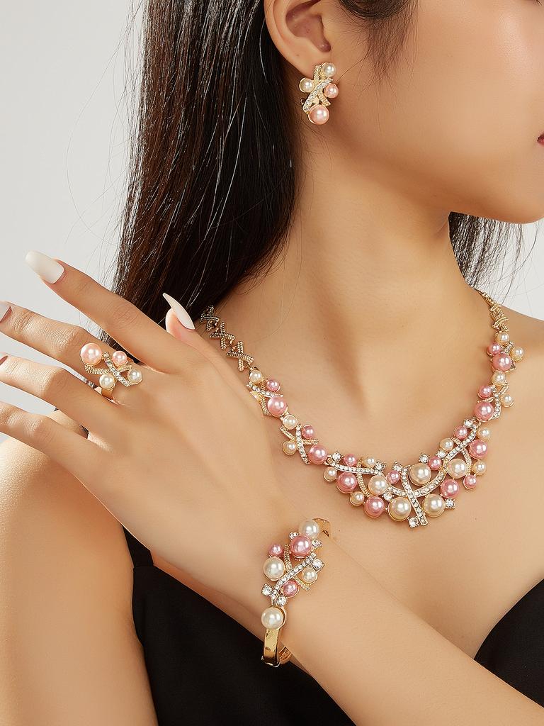 Elegante Set di Gioielli Rosa e Bianchi con Perle Finte e Strass