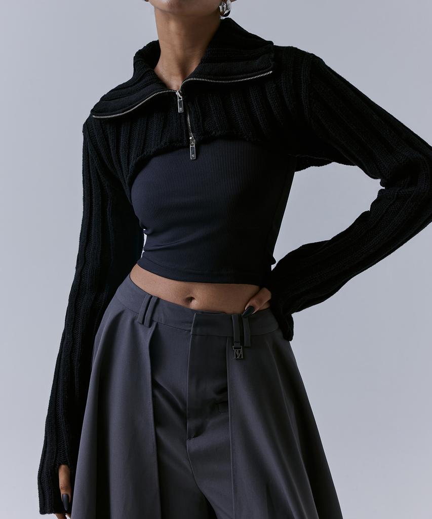 Teulimingbeodeu High-Neck Bolero Knit Zip-Up [ Black ]