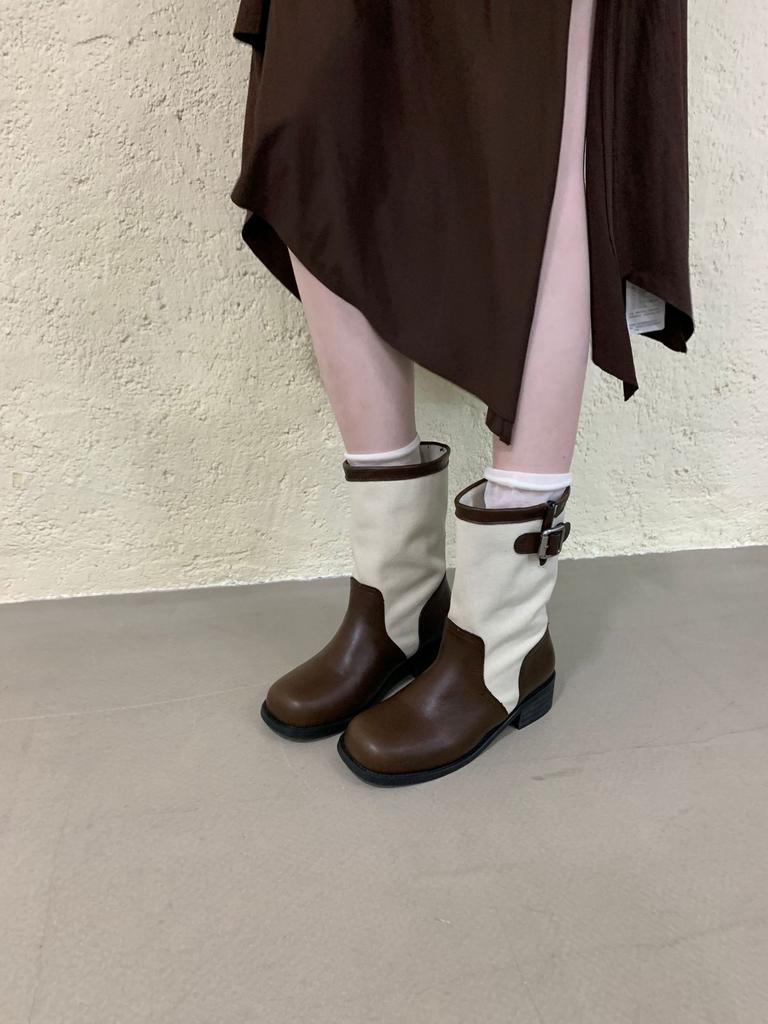 British Retro Western Cowboy Boots Women's New Color Matching Outer Wear Medium Boots Knight Martin Boots