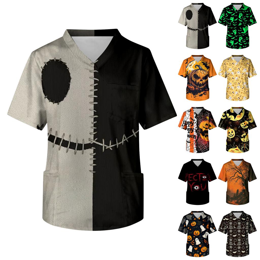 Men's V Neck Halloween Print Pocket Scrub Top Short Sleeve Medical Workwear Uniform Shirt for Healthcare Professionals