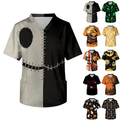 Men's V Neck Halloween Print Pocket Scrub Top Short Sleeve Medical Workwear Uniform Shirt for Healthcare Professionals