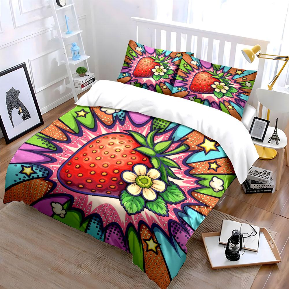 "Strawberry Pop Art Decor Set" Bedding Set with 1 Duvet Cover 2 Pillowcases Single Double King Queen, Gift