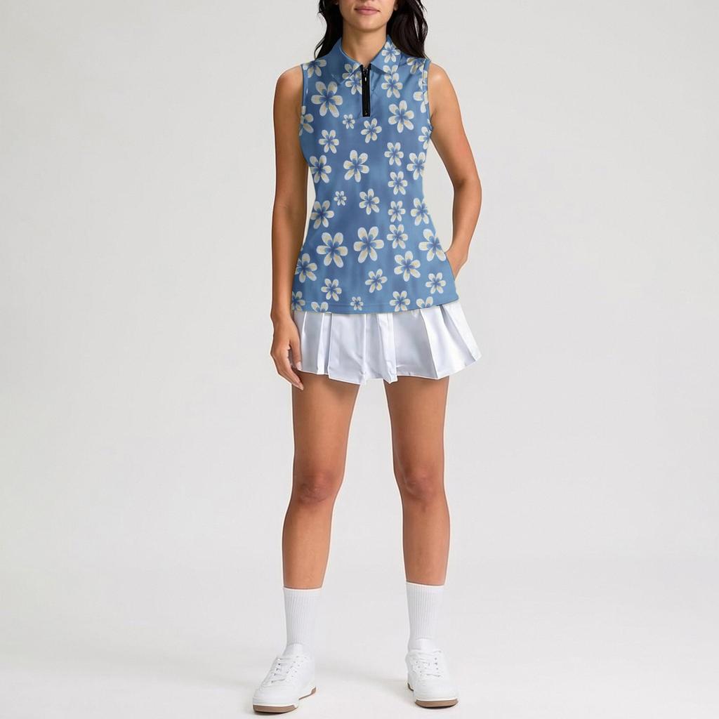 Women Sleeveless Golf Polo Shirt with Zipper Collar Printed Athletic Tank Top for Outdoor Sports and Casual Wear