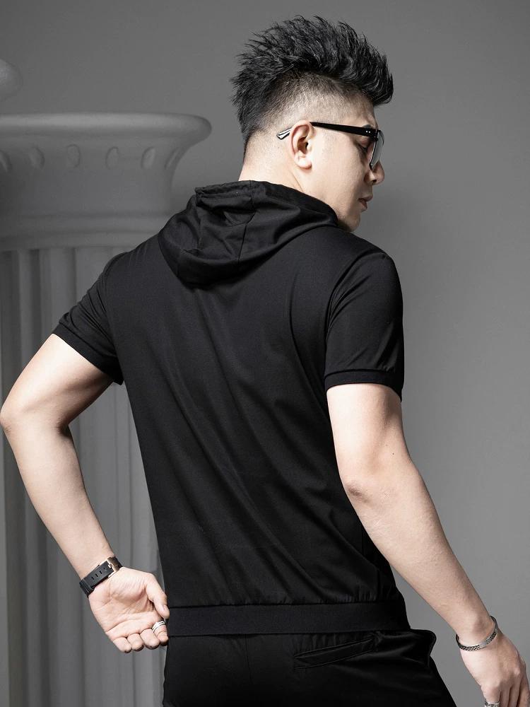 European Style 2025 Summer New Hooded Short-Sleeve T-Shirt for Men, Trendy Brand with Gold Print, Slim Fit Casual Half-Sleeve Sweatshirt