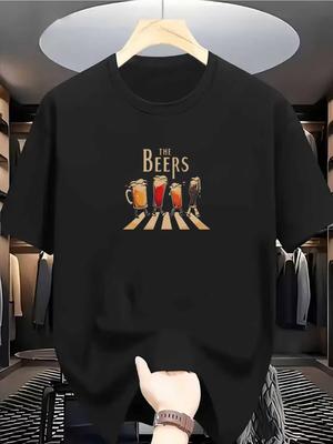 Men'S Casual Beer Pattern T-Shirt - Breathable Polyester, Round Neck, All-Season Wear, Round Neck Short Sleeve, Loose Ca