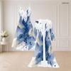 Women Plus Size Two Piece Set Abstract Printed V Neck Strappy Flared Dress Three Quarter Sleeve Long Open Front Cardigan Blue White Beige