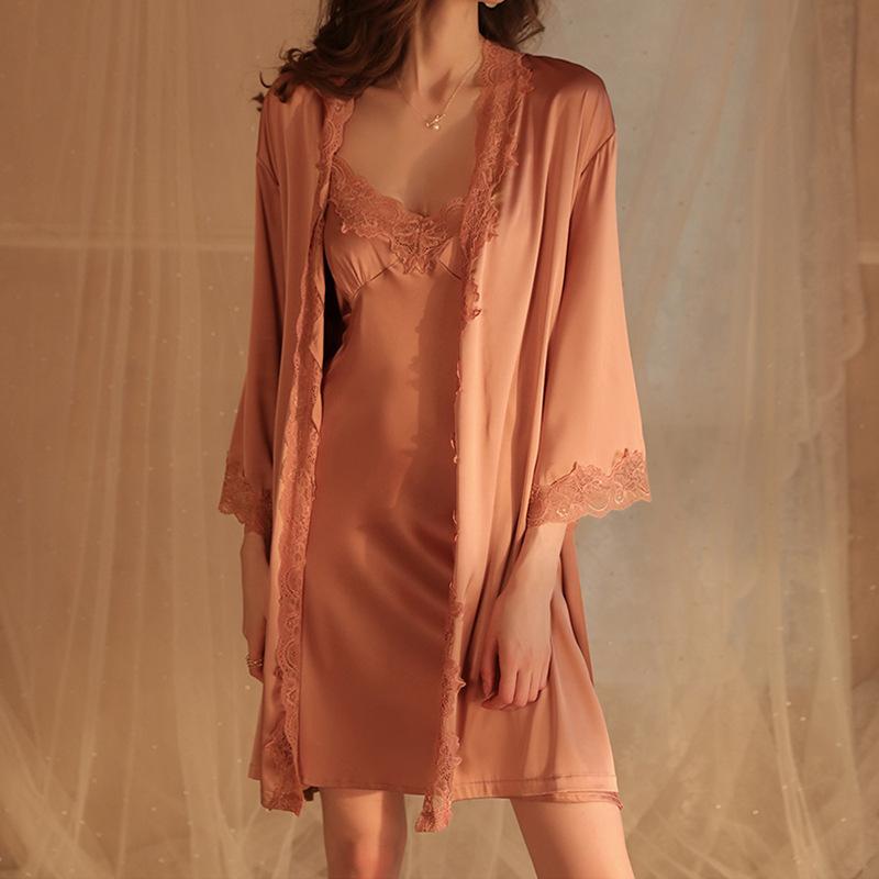 Sexy women's ice silk pajamas, new lace pure desire temptation suspender nightgown, summer thin nightgown with chest pad