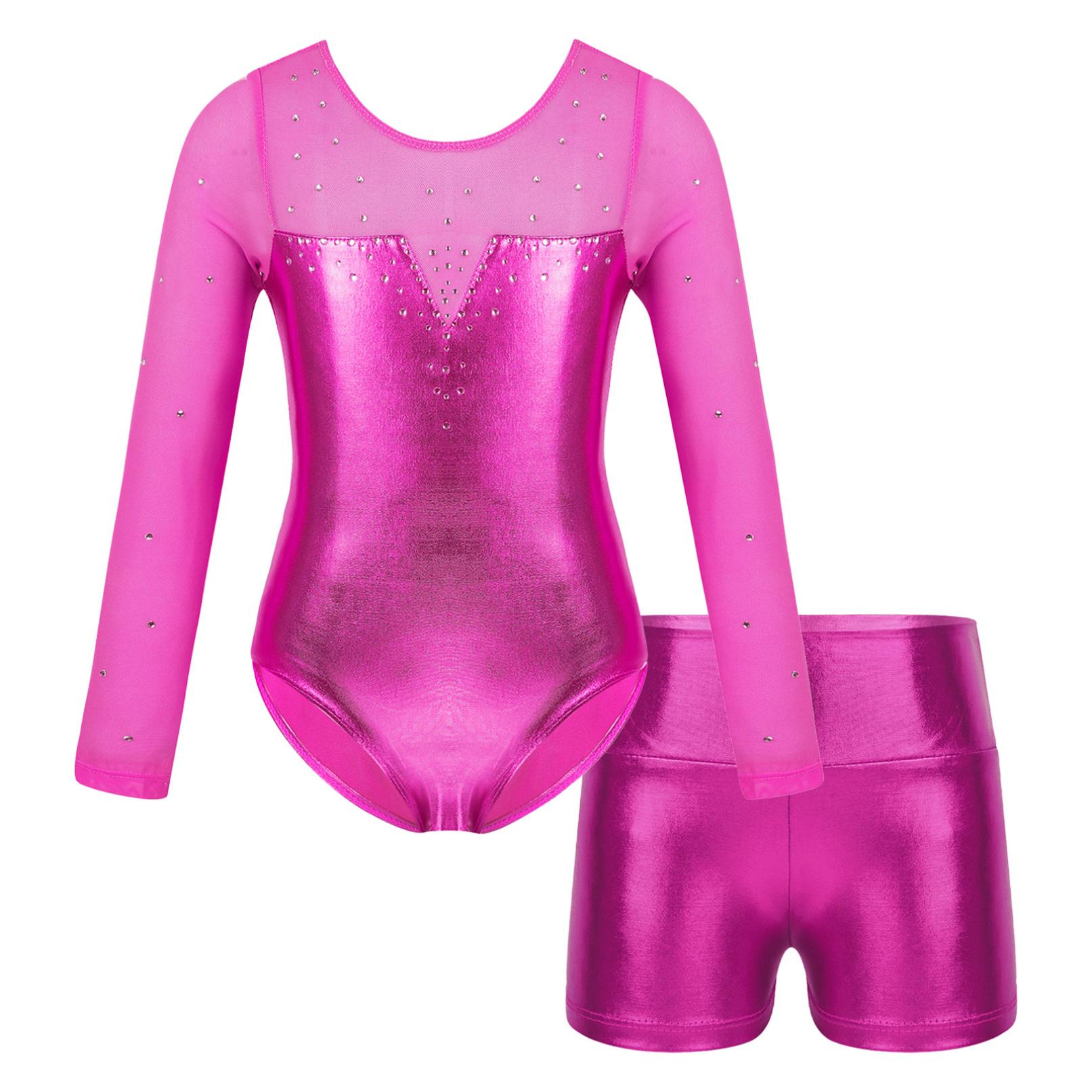 Ranrann Kinderen meisjes metallic lange mouw sprankelend atletisch danspakje met shorts outfits ballet unitard biketards danskleding 5-6 Years helder roze