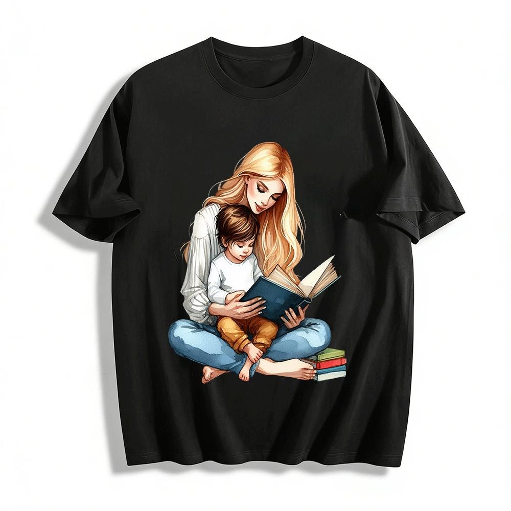 Warm Parent Child Reading Print Casual Adult Top Pure cotton T-shirt XXS