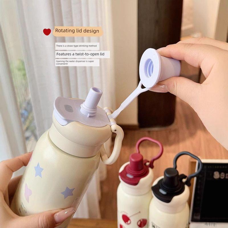 New Stylish High-Capacity Thermos Cup Made of 316 Stainless Steel, Cute Insulated Water Bottle with Straw for Children and Students