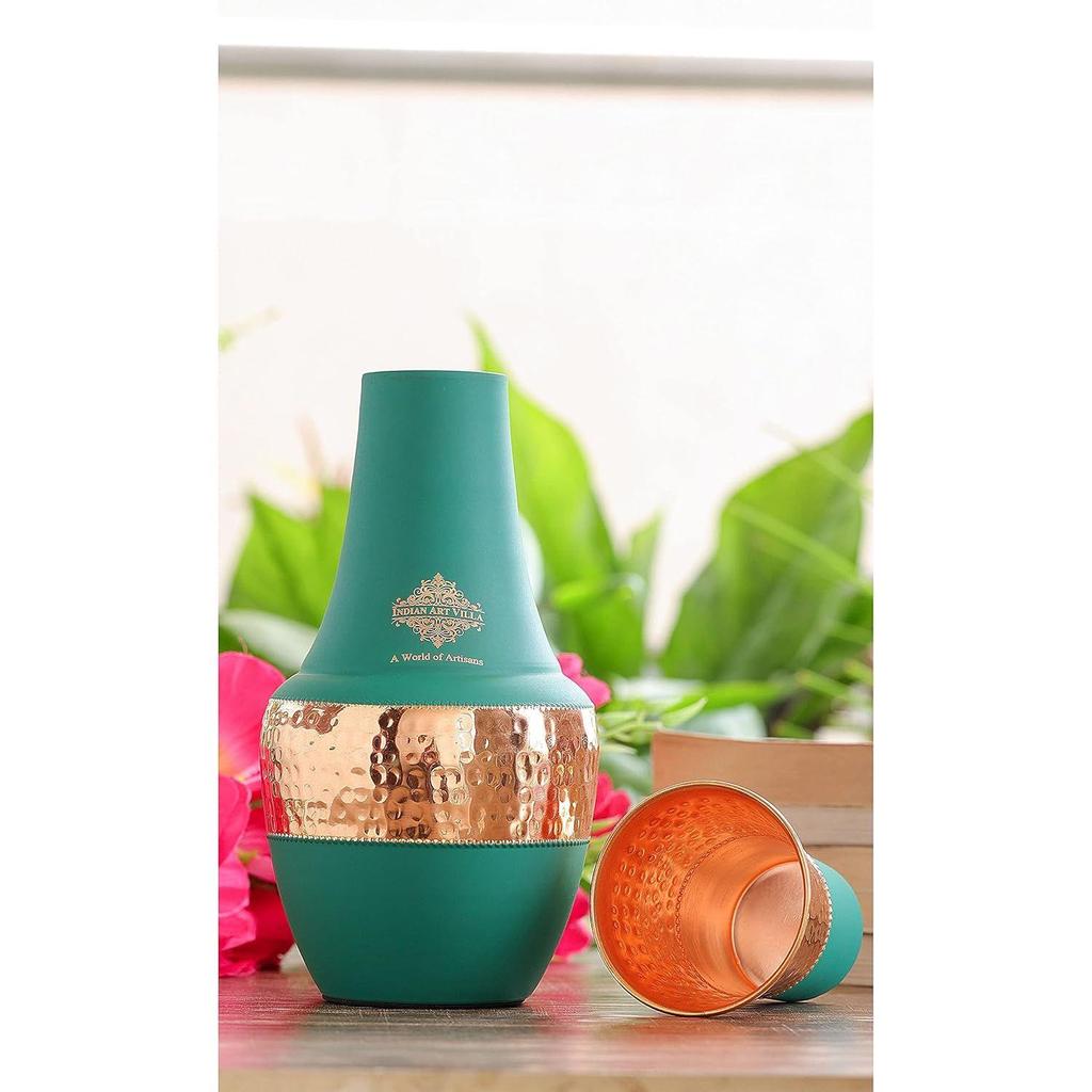 Pure Copper Bottle with Inbuilt Glass, Surahi Design Green Half Silk Half Hammered Finish, Drinkware & Storage Purpose - Volume 1.25 Litre (Pack of 2)