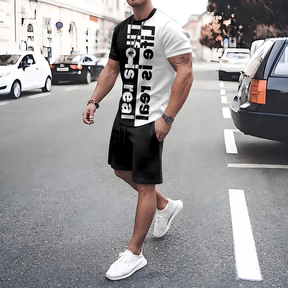 Summer Men's Short Sleeve Tee Shorts Set Casual Men's Sports T-shirt Shorts 2-piece Set Quick Dry Breathable Drawstring T Shirts