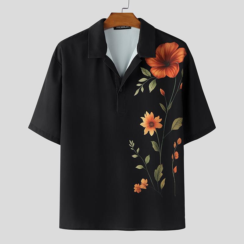 

INCERUN Oversized Men Shirts Short Sleeve Floral Print Buttons Casual Loose Tops S чёрный