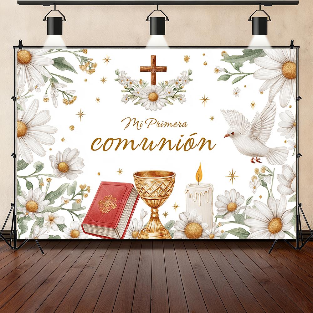 Cross Holy Grail White Dove My First Holy Communion Background Customizable Baptism Party Party DecorationArrangement Background