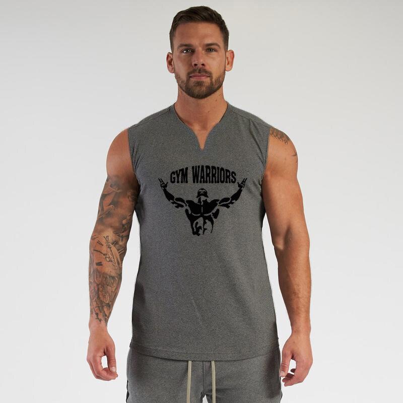 Muscleguys New Summer Slim Cotton Vest  Thin V-neck Trend Sleeveless T-shirt Fitness Running Tops