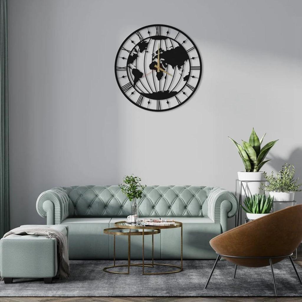 Große Weltkarte Wanduhr, Metall Minimalistische Moderne Uhr, Runde Leise Nicht-Tickende Batteriebetriebene Wanduhren für Wohnzimmer/Zuhause