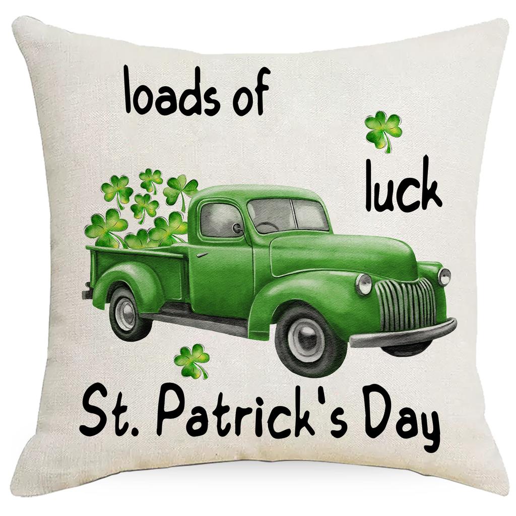 St. Patrick's Day Four-leaf Clover Printed Linen Pillow Cover Festive Home Fabric Sofa Bedside Cushion