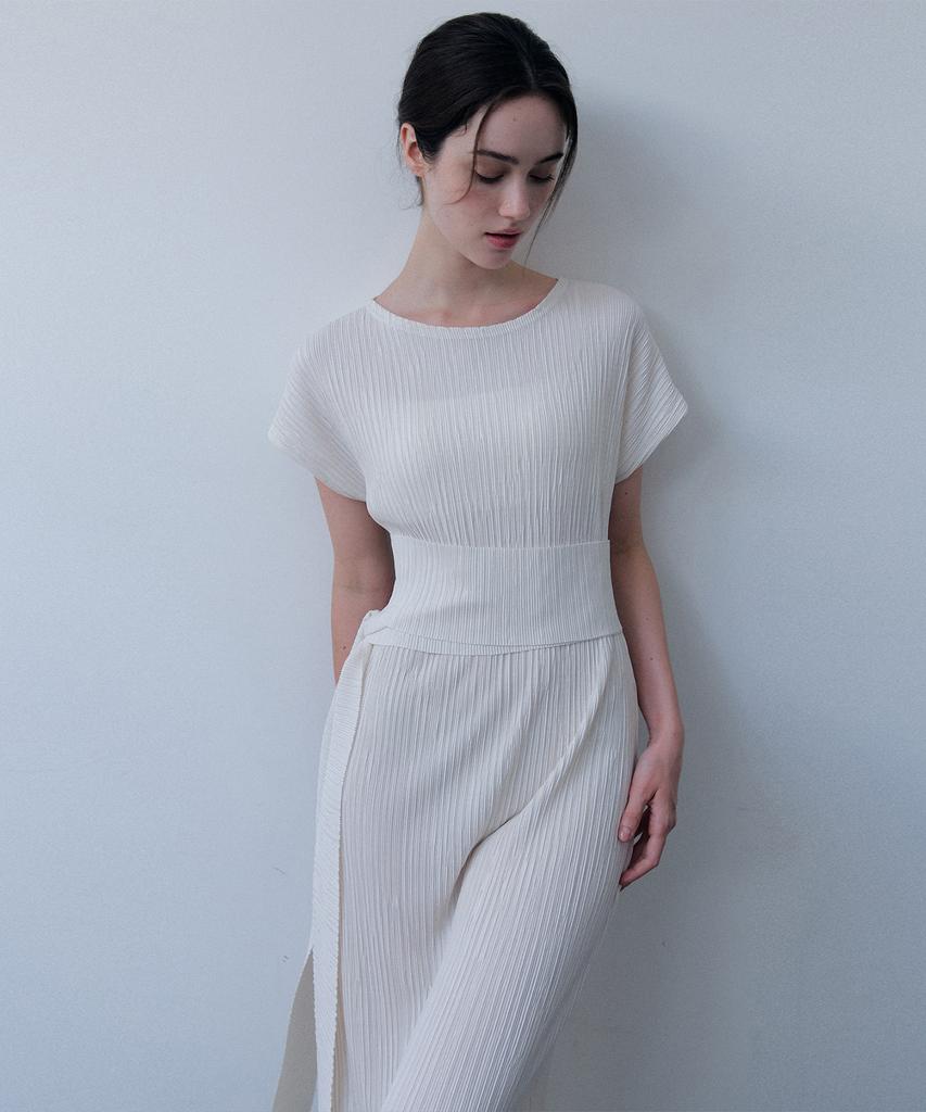 Meojiaenminggeul Summer Iconic Pleats Maxi Belted Dress (Ivory)