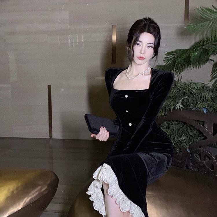 

Сукня осінь 2025 у стилі ретро з воланами та риб ячим хвостом: Жіночий стиль, що облягає талію, робить стрункішим, облягає стегна, драпірується Double Extra Large чорний