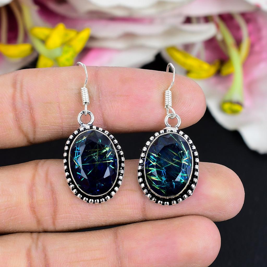 Blue Rutile Gemstone Handmade 925 Sterling Silver Jewelry Earring 1.65" KG-1757