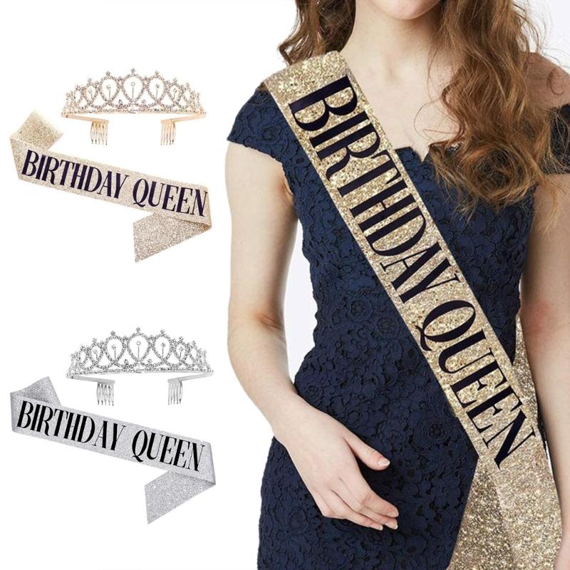 Birthday Tiara and Crown for Women Birthday Sash for Girls Birthday Decorations Rhinestones Headband Hair Accessories
