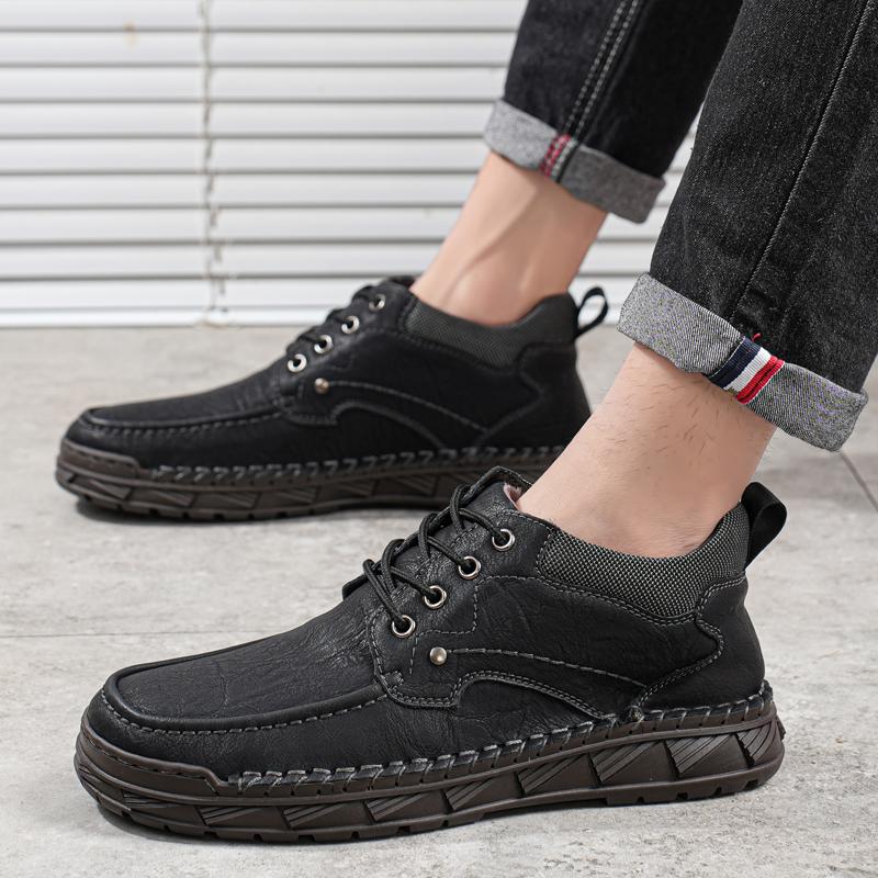 Men's Genuine Leather Casual Shoes Winter Plus Velvet Warm Ankle Boots Spring/ Autumn Men's Mid-cut Boots Mens Red Loafers