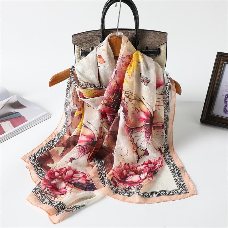 Silk scarf print cut scarf floral premium headscarf travel shawl butterfly sun protection women spring and summer long scarf