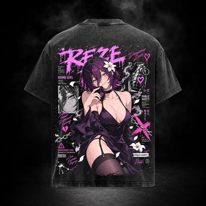 Reze Printed Streetwear Anime Chainsaw Man Clothing Men Women Vintage Washed T-shirts Short Sleeve Tshirt Casual Cotton T Shirt