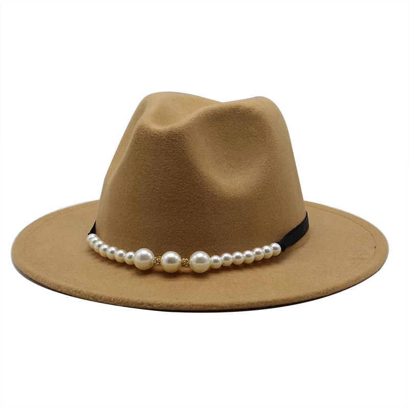 Damen Woll-Jazzhut, britischer klassischer Flachhut, großer Traufenhut, modischer Zylinder mit Perlenschleife