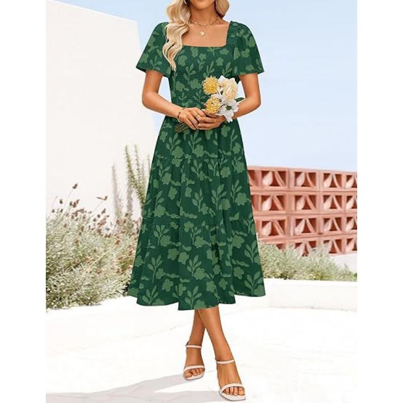 

Женское платье с квадратным вырезом и цветочным принтом, средней длины, с короткими рукавами XL темно-зеленого