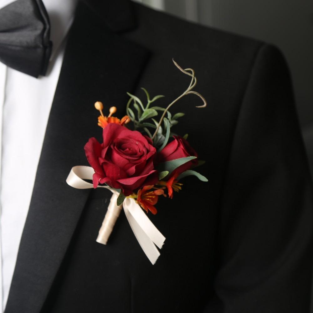 

Rose Wrist Corsage Silk Groom s Chest Flower European Boutonnieres Flowers Wedding Accessories red-brooch