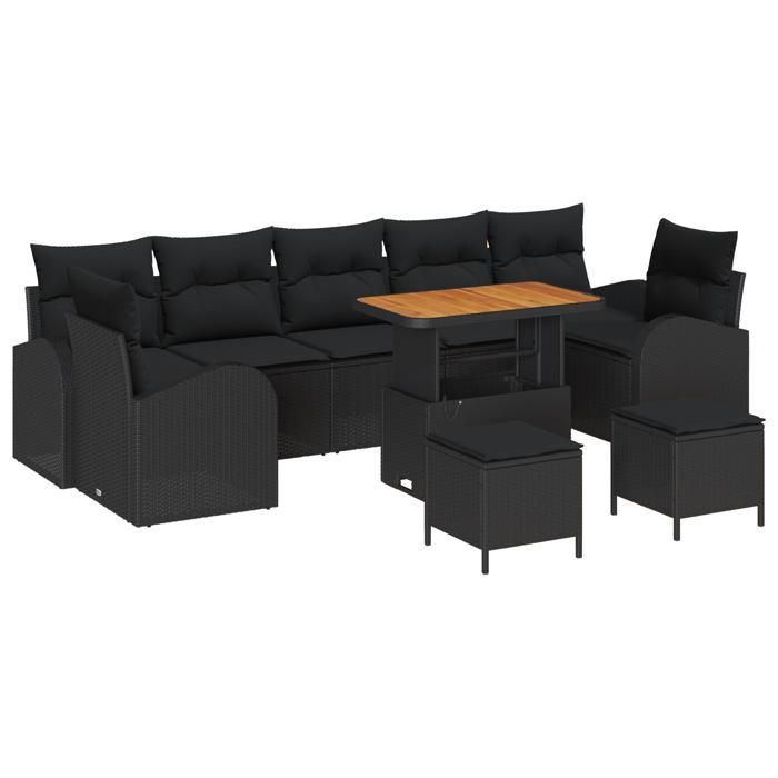Ensemble de canapé de jardin 10 pièces avec coussins noir poly rotin acacia, Canapé de jardin 2 places avec rangement 3364329