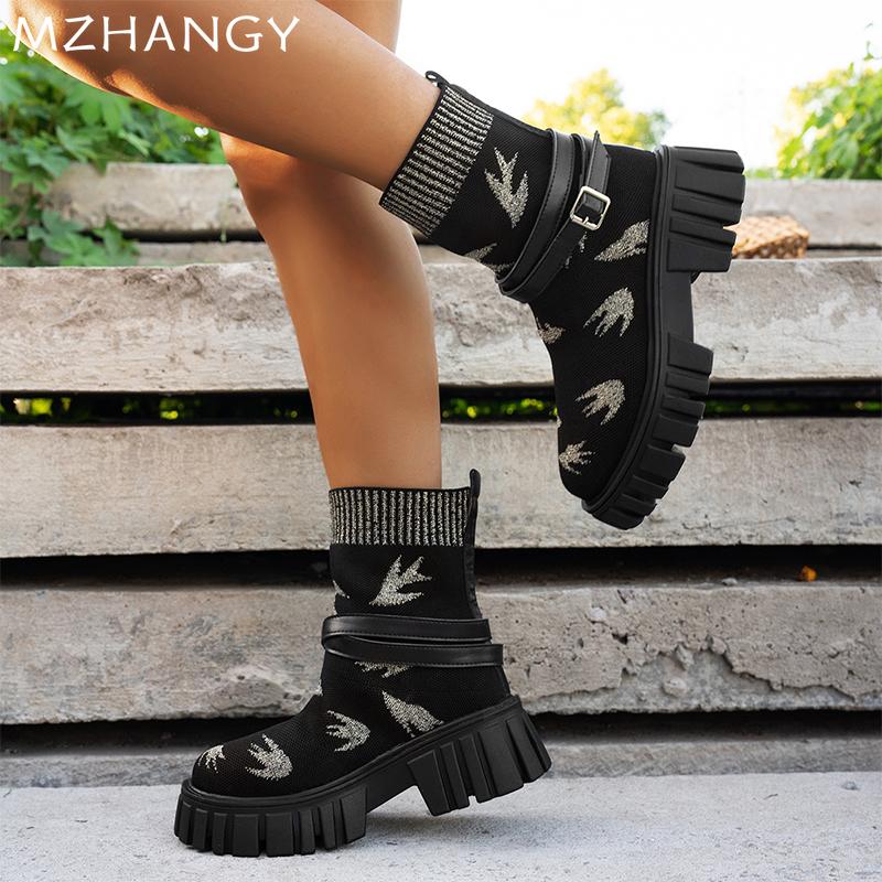 Fashion Platform Women Sock Ankle Boots Flats Knitting Stretch Shoes Buckle Woman 2025 Trend Fashion Snow Boots Goth New Muejr Botas