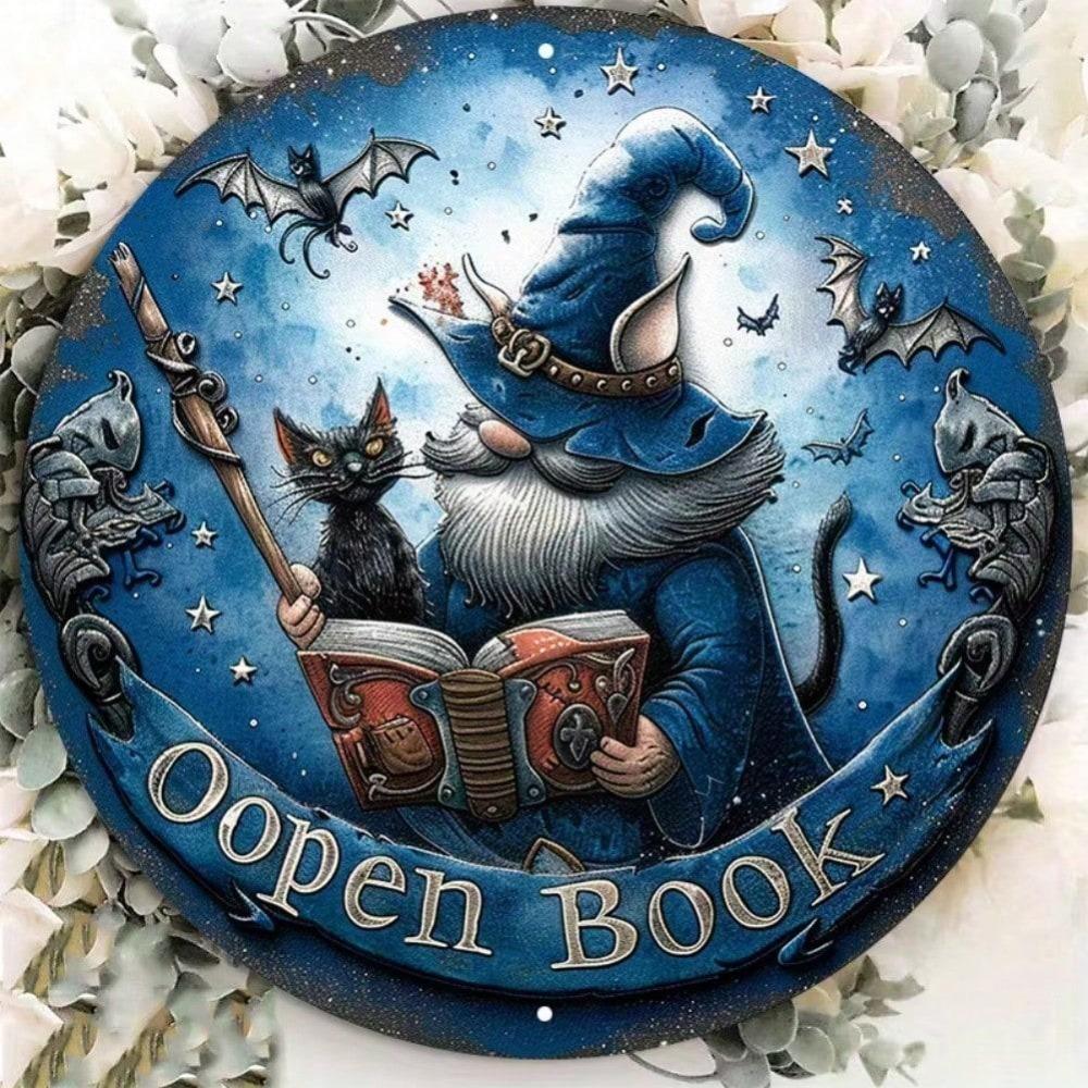 Magical Wizard Gnome Black Cat Round Metal Tin Sign Wall Art Decor 20x20