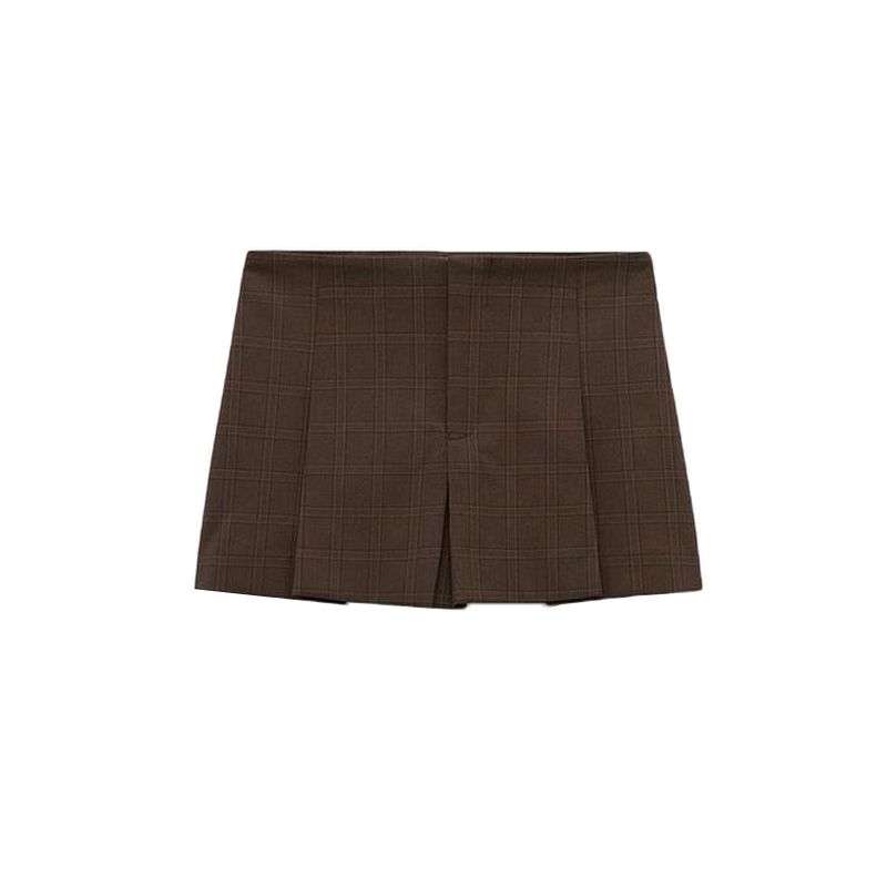 Spring New Women's Clothing Versatile Lattice Mid-Waist Wide Pleated Decoration Casual A- line Short Pantskirt 4661413