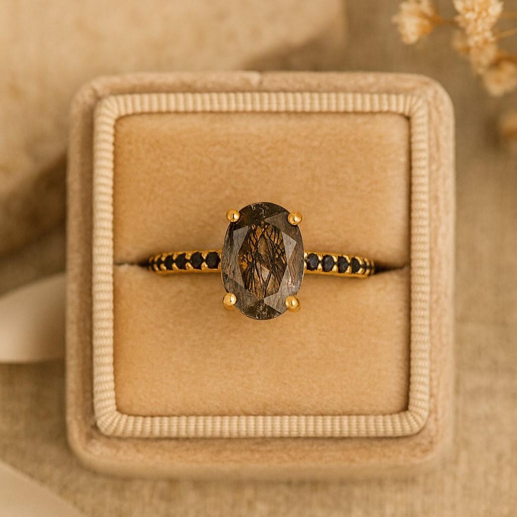 Black Rutile Quartz & Black Onyx Engagement Ring – Handmade Vintage Silver Ring for Women | Wedding, Anniversary, Promise Gift