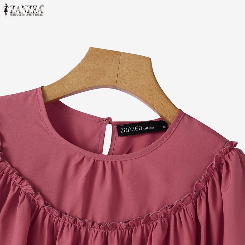 ZANZEA Women Round Neck Solid Color Long Sleeve Casual Blouse