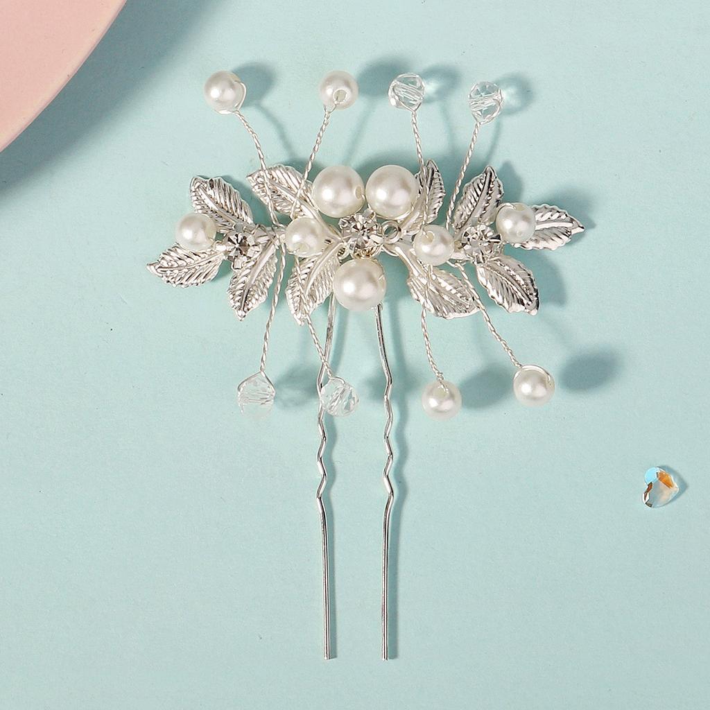 Bridal jewelry pearl hairpin wedding party hairpin headdress silver leaf pearl handmade U-shaped pin