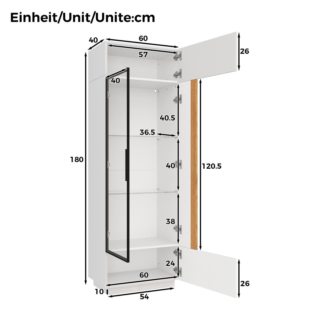 Vetrina Armadio Alto con Porta in Vetro, Illuminazione LED con Controllo App, Telaio in Alluminio, Mobile per Soggiorno, Armadio Contenitore con Ante