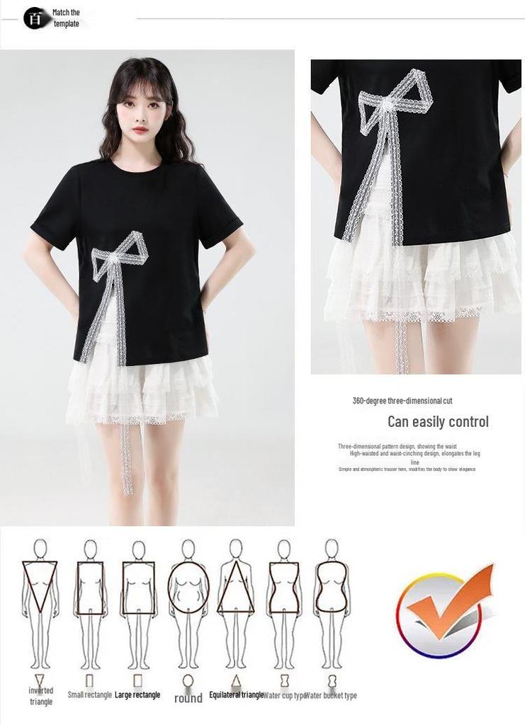 Women's Irregular Split Short-Sleeve Tee, Summer 2025, Loose Fit for Petite, Bowknot Design