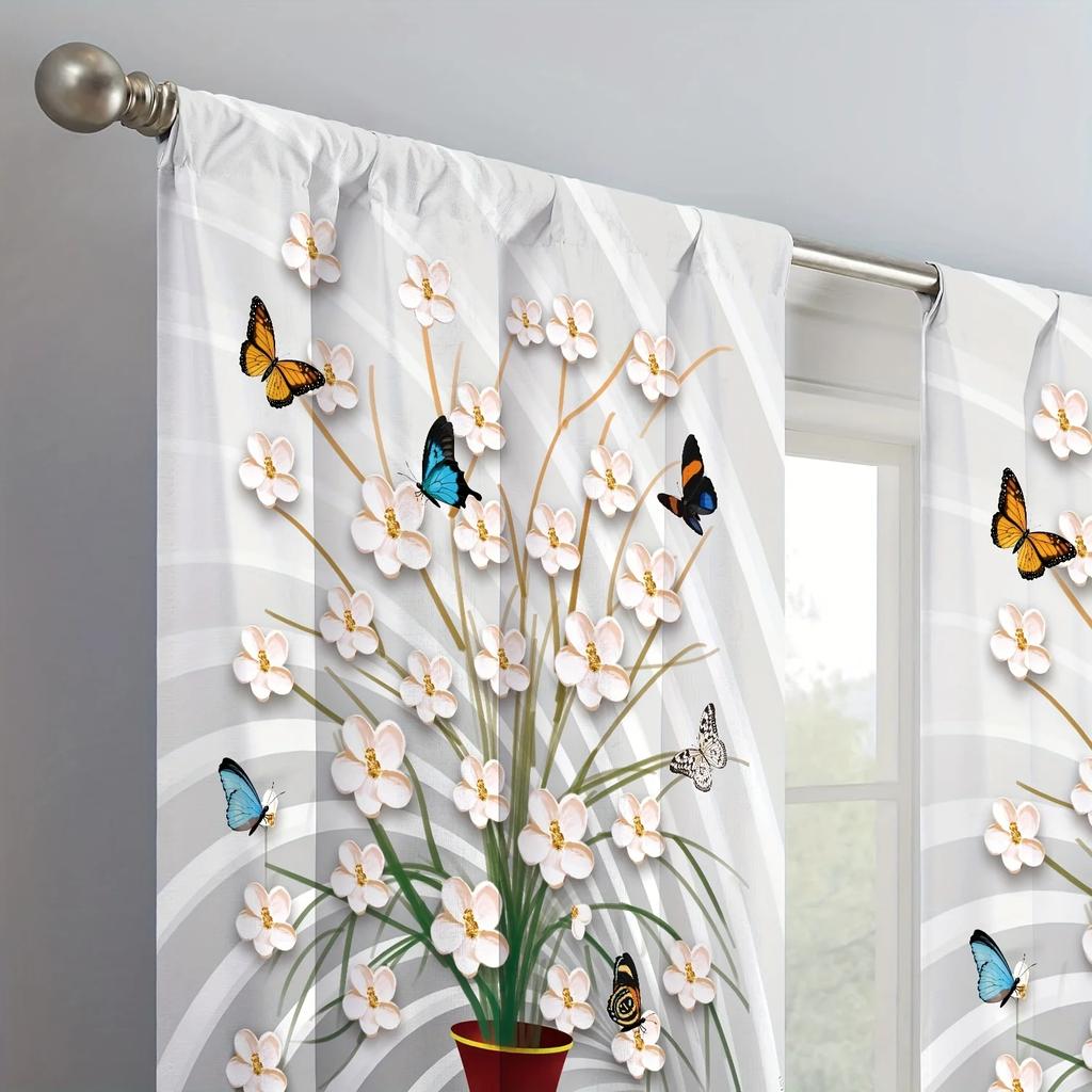 Vase Butterfly Flower Printed High Shading Curtain Rod Pocket Window Treatment for Bedroom Office Kitchen Living Room Decor