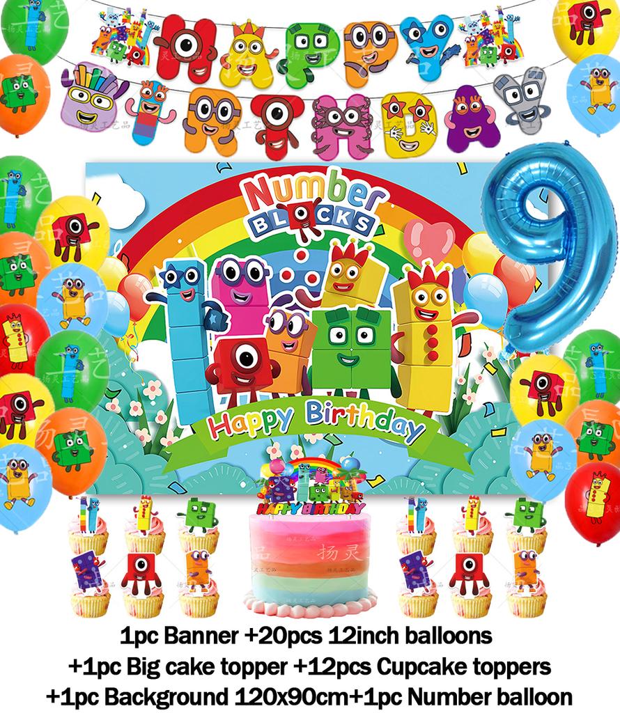 Cartoon Blocked Number Theme Birthday Party Decoration Building Background Plate Cup Balloon Backdrop Photography Prop Kid Gifts