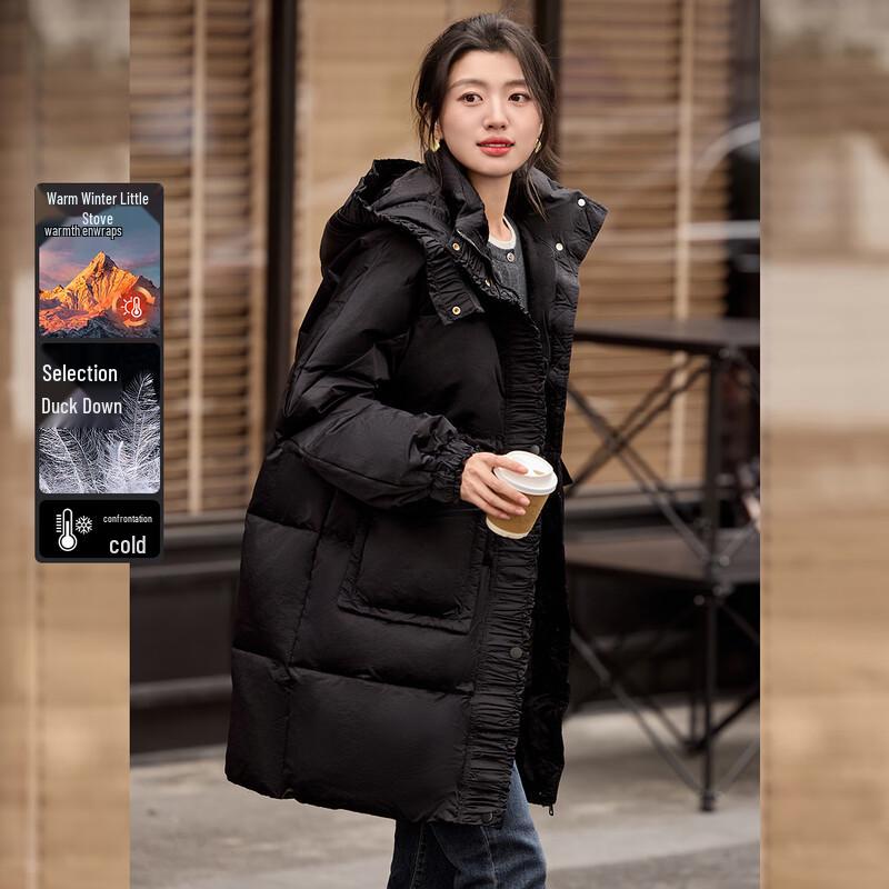 

Baile YU Women s Winter Ruffle Trim Hooded Long Duck Down Jacket S